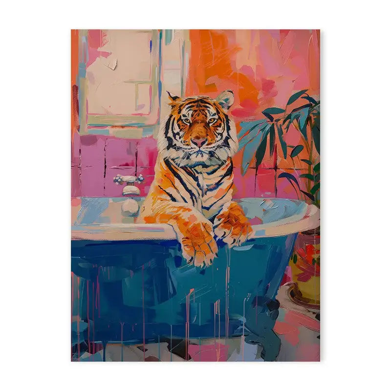 A vibrant decorbites™ animal canvas painting of a tiger in a blue bathtub for bathroom and living room decor