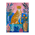 A vibrant golden-yellow cheetah animal canvas painting by DecorBites for stylish home decor with lush foliage and vases