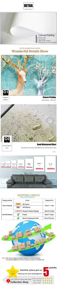 Beige and white animal canvas wall mural featuring a deer with golden antlers in turquoise water for bathroom decor