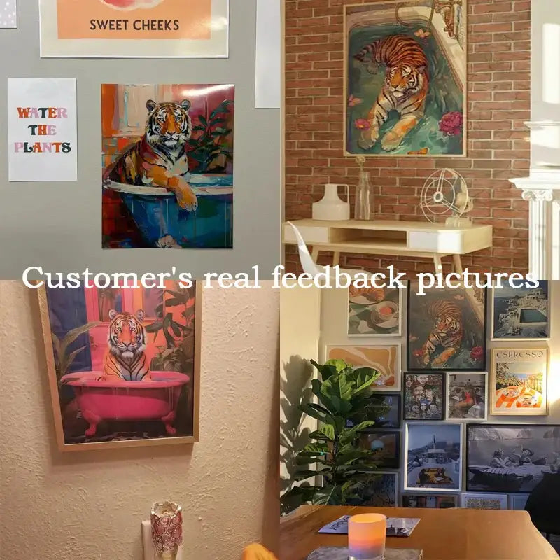 Framed DecorBites™ animal canvas wall art featuring a majestic orange tiger in a colorful pink bathtub for bathroom decor
