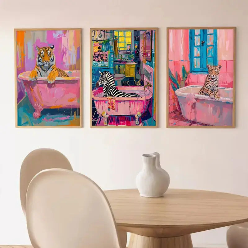 Set of three vibrant animal canvas wall art featuring colorful bathtub animal designs for bathroom decor by DecorBites™