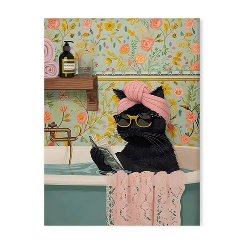 Decorbites™ animal themed canvas featuring a black cat in yellow sunglasses and pink turban in a colorful bathtub animal setting