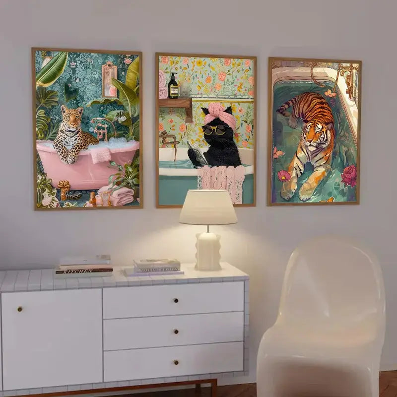 DecorBites™ animal themed canvas wall art featuring colorful bathtub animal paintings with vibrant floral backgrounds