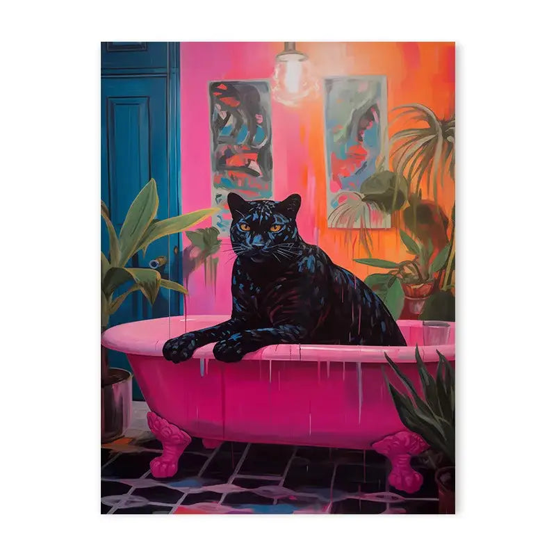 Decorbites™ animal canvas wall art featuring a black panther with amber eyes in a vibrant pink clawfoot bathtub