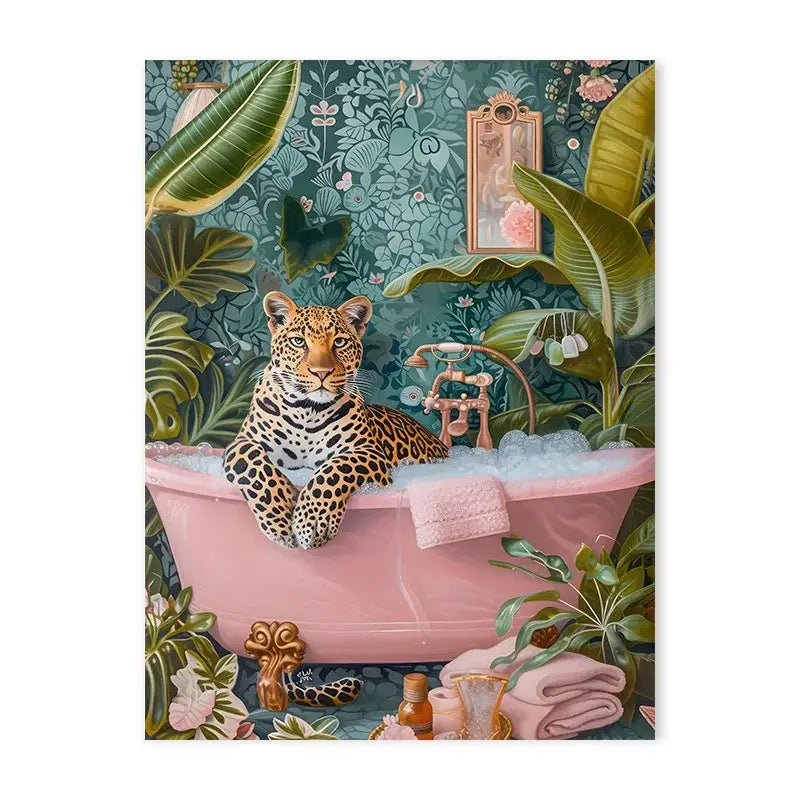DecorBites™ animal print canvas painting featuring a leopard with golden eyes in a pink tub for living room decor