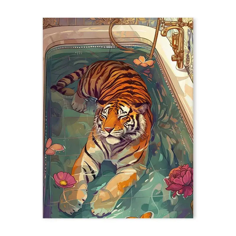 A vibrant orange tiger animal print canvas painting with bold black stripes for living room and bathroom decor
