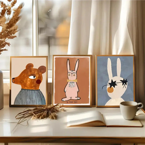Three framed cartoon animal prints featuring a bear and two rabbits in decorbites™ animal print rainbow movie posters