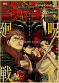 Weekly shonen jump magazine cover with bold red and black artwork in decorbites anime poster collection featuring chainsaw man attack on titan haikyuu