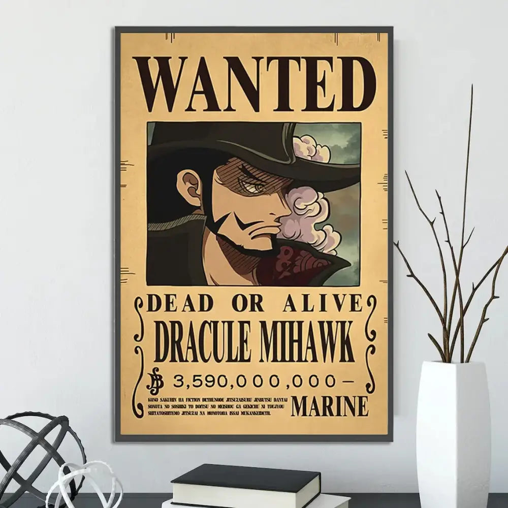 Vintage-style beige canvas wall art featuring dracule mihawk wanted poster from decorbites anime one piece poster set
