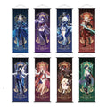 Set of eight vertical anime poster wall art featuring genshin impact characters with ornate gold detailing and vibrant colors