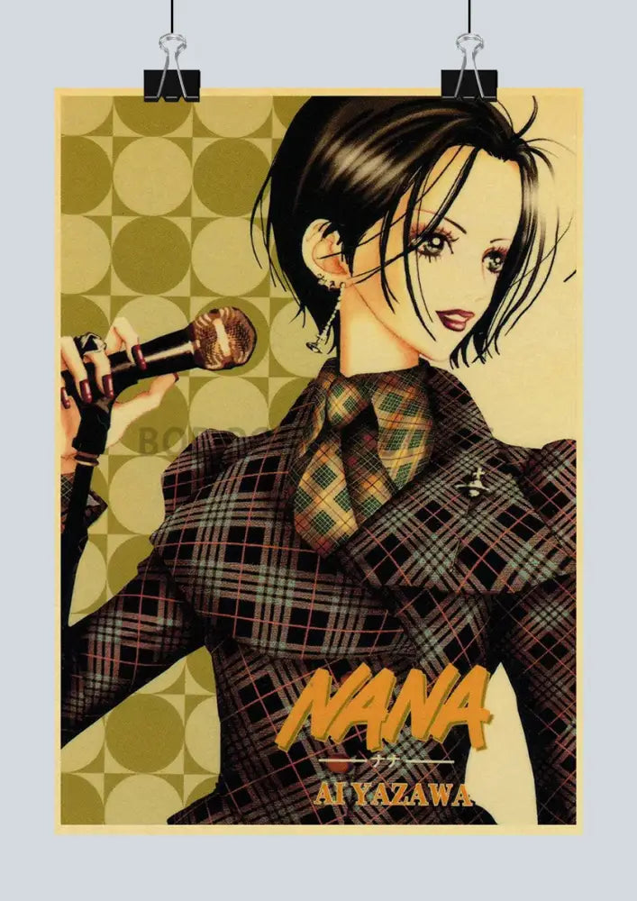 Vintage style nana anime retro poster featuring an anime character in plaid suit holding a microphone by ai yazawa