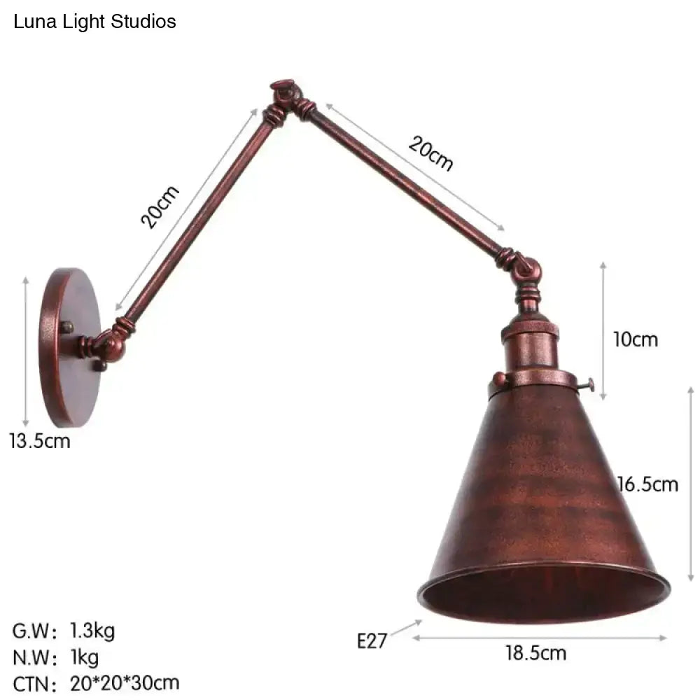 Antique black and copper adjustable wall lamp sconce with bronze finish conical shade and articulated arm for bedroom lighting