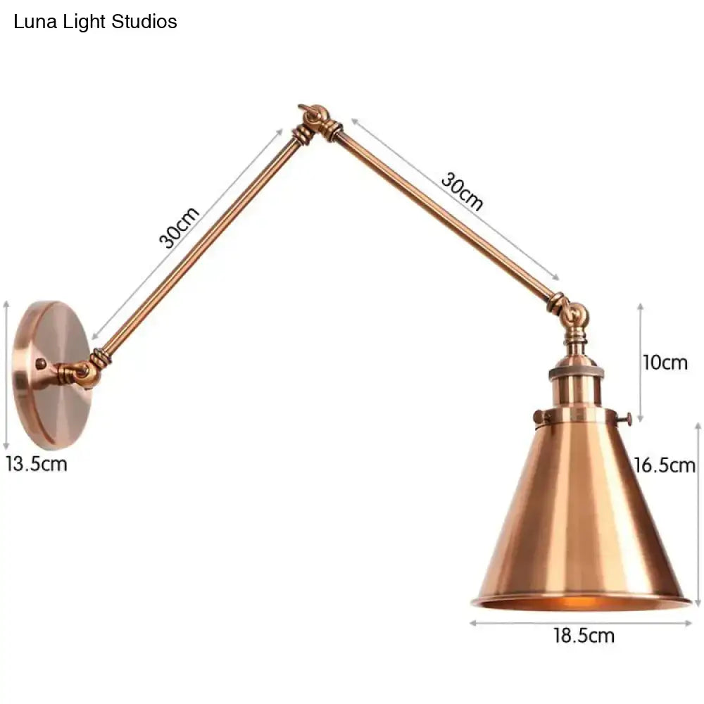 Antique adjustable wall lamp with brass finish conical shade and articulated arms for bedroom lighting