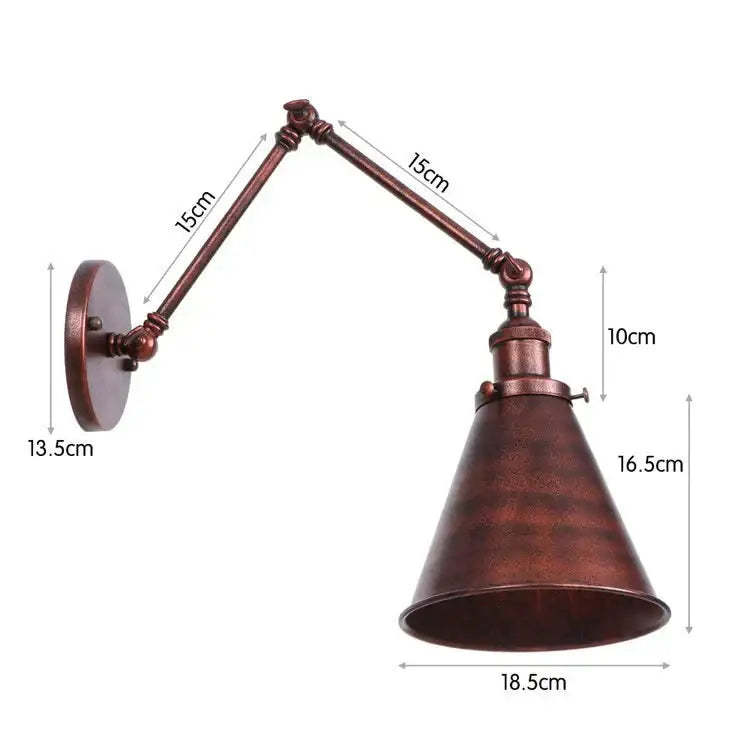 Antique black and copper adjustable wall lamp sconce with bronze finish conical shade and articulated arm for bedroom light