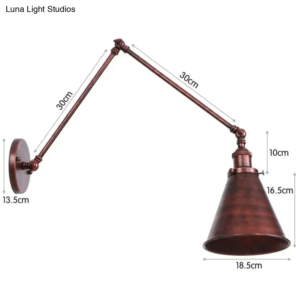 Antique black and copper adjustable wall lamp sconce with bronze finish conical shade and articulated arm for bedroom lighting