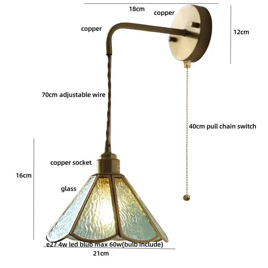 Antique blue glass led wall sconce staircase pull chain light