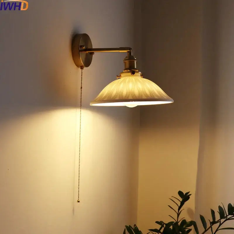 Antique brass and ribbed glass wall lamp bedroom pull chain switch