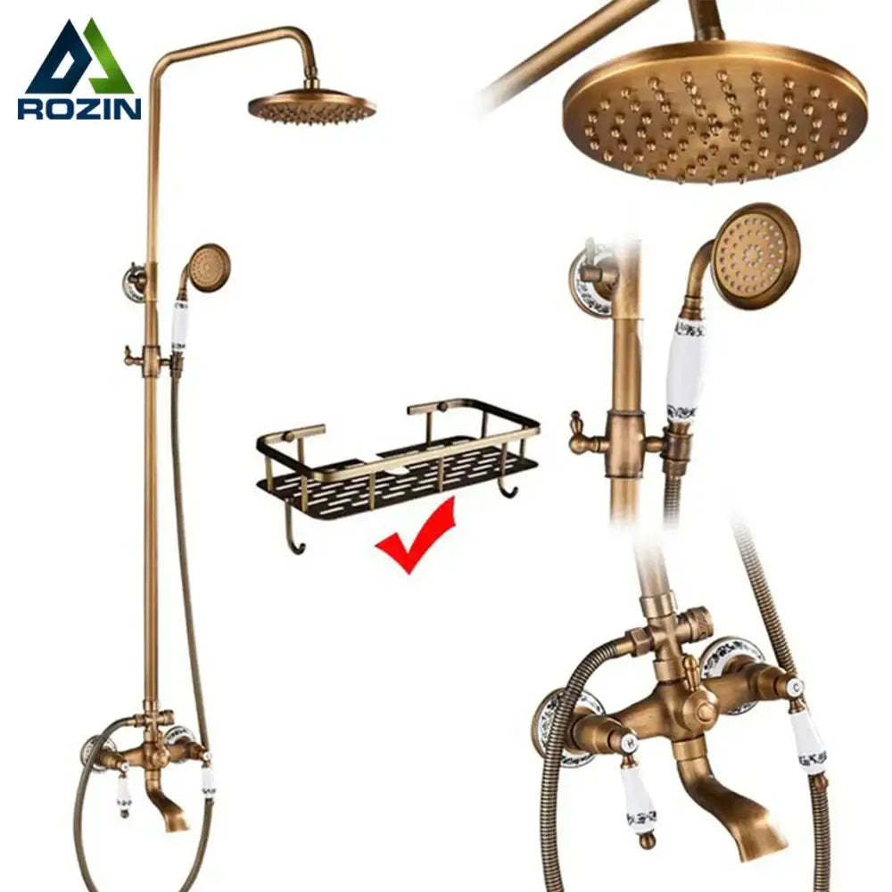 Antique brass and white ceramic shower faucet set bathroom system