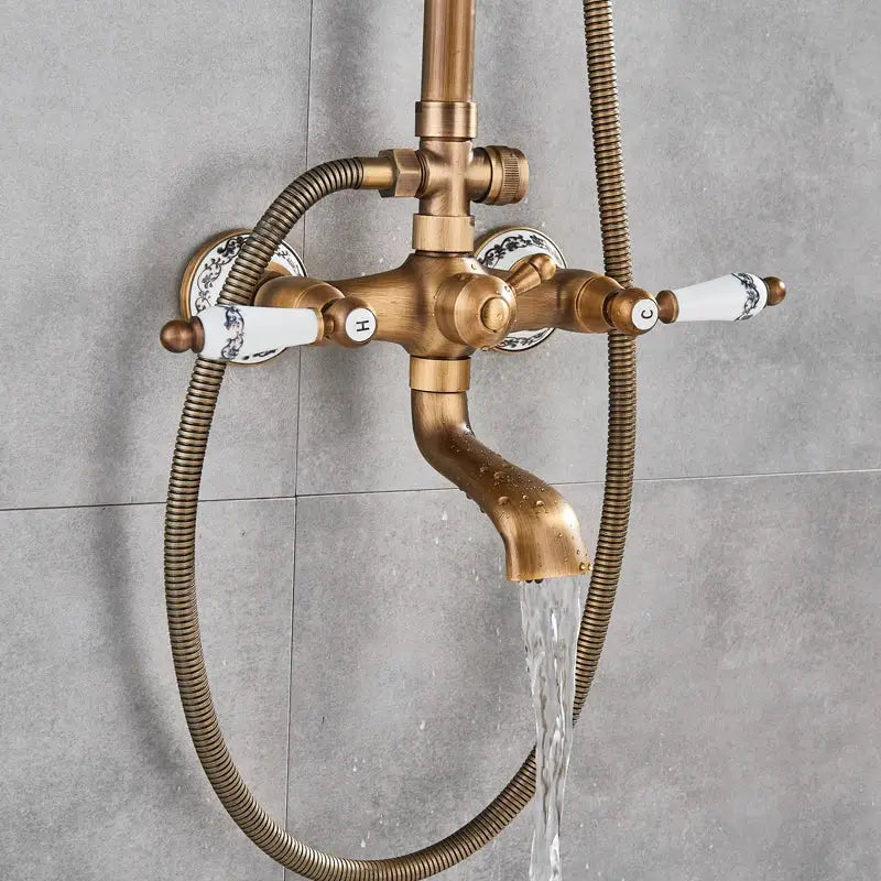 Antique brass and white ceramic shower faucet set bathroom system