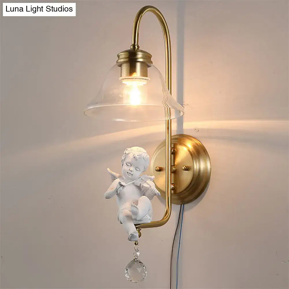 Antique brass angel glass sconce light bedroom wall lamp