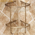 Antique brass bathroom shower shelf two tier corner caddy with hooks