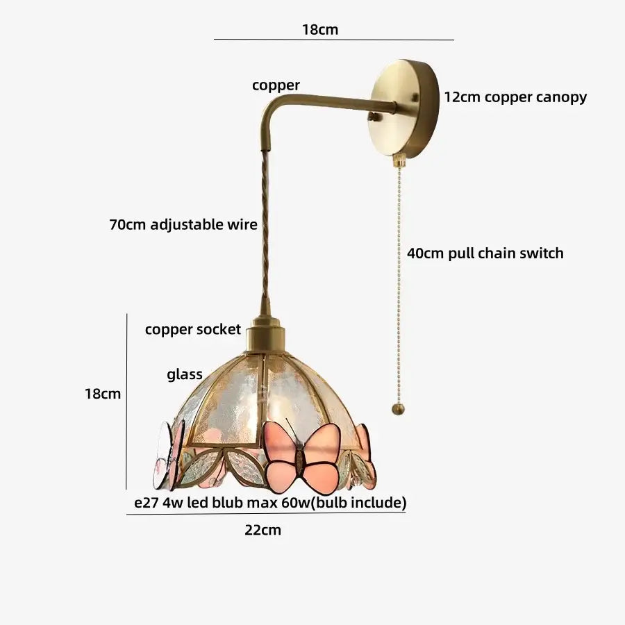 Antique brass butterfly glass led wall lights bedroom sconce