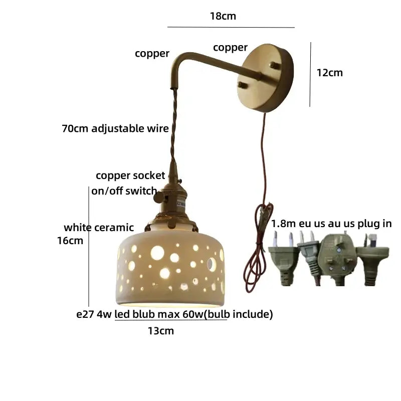 Antique brass ceramic led wall light bedroom sconce with cutouts