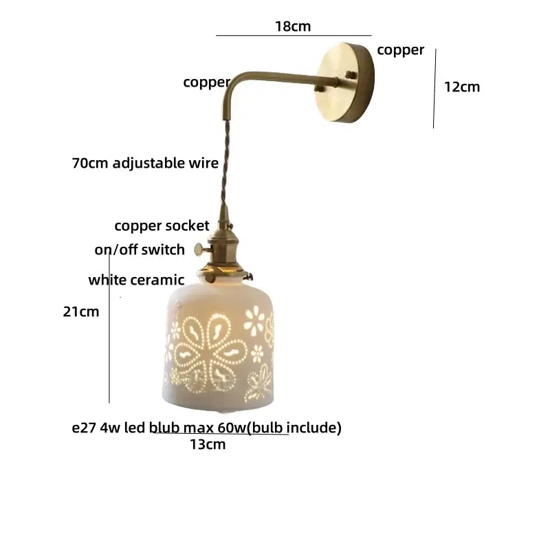 Antique brass ceramic led wall light bedroom sconce with cutouts