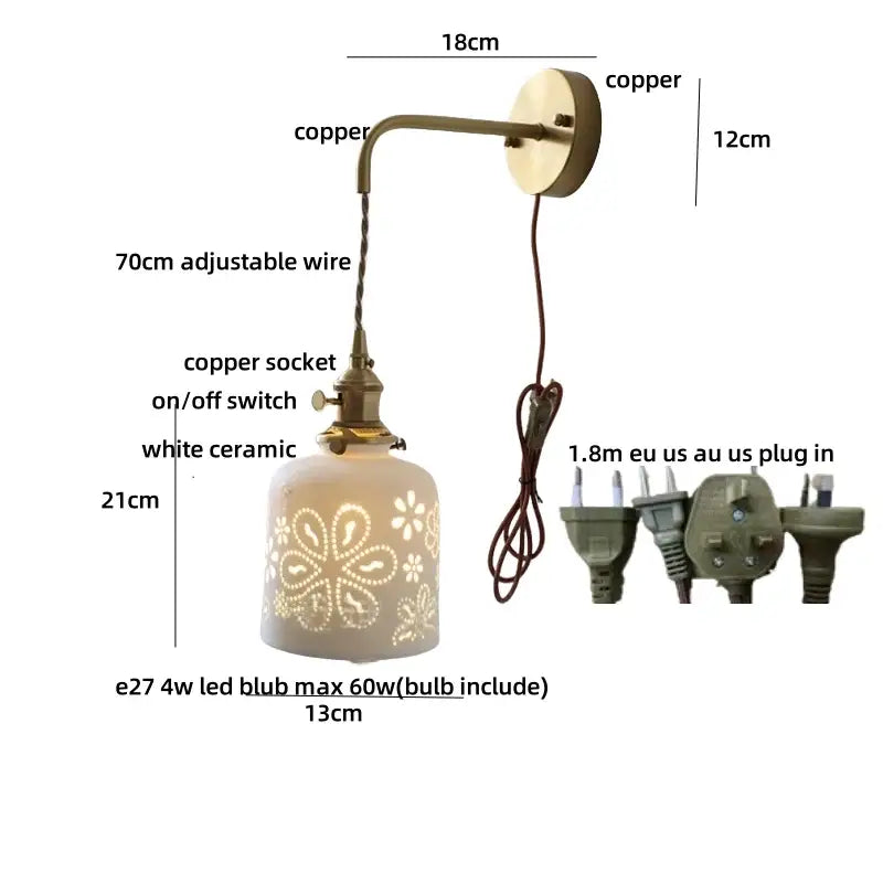 Antique brass ceramic led wall sconce with floral shade for bedroom