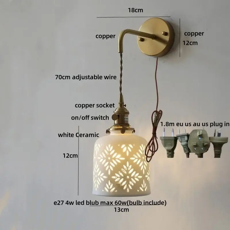 Antique brass ceramic led wall sconce with floral shade for bedroom