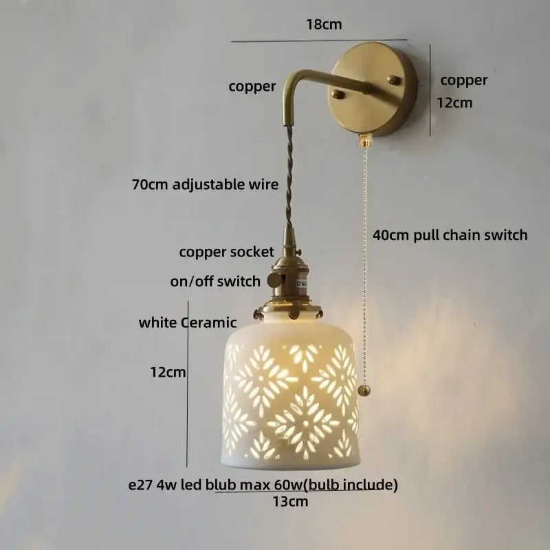 Antique brass ceramic led wall sconce with floral shade for bedroom