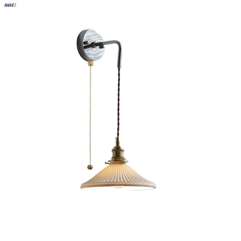 Antique brass ceramic led wall sconce with ribbed glass bedroom light
