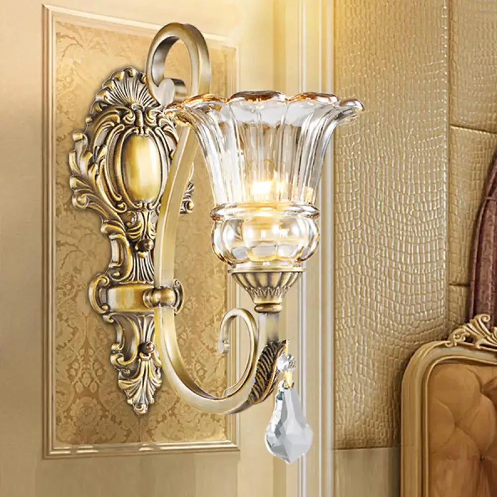 Antique brass crystal drop wall sconce bedroom led light