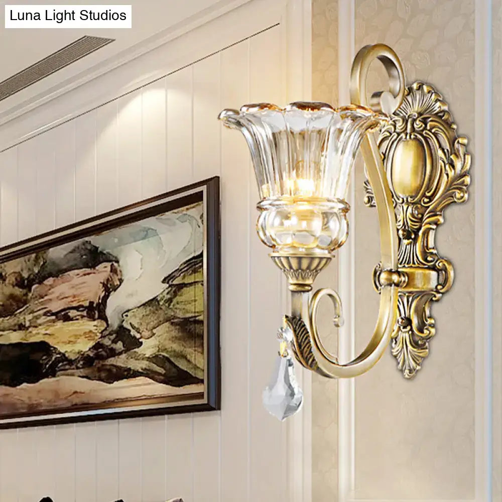 Antique brass crystal drop wall sconce bedroom led light
