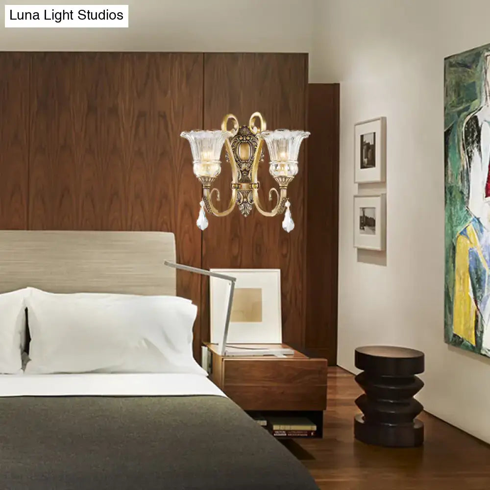 Antique brass crystal drop wall sconce bedroom led light