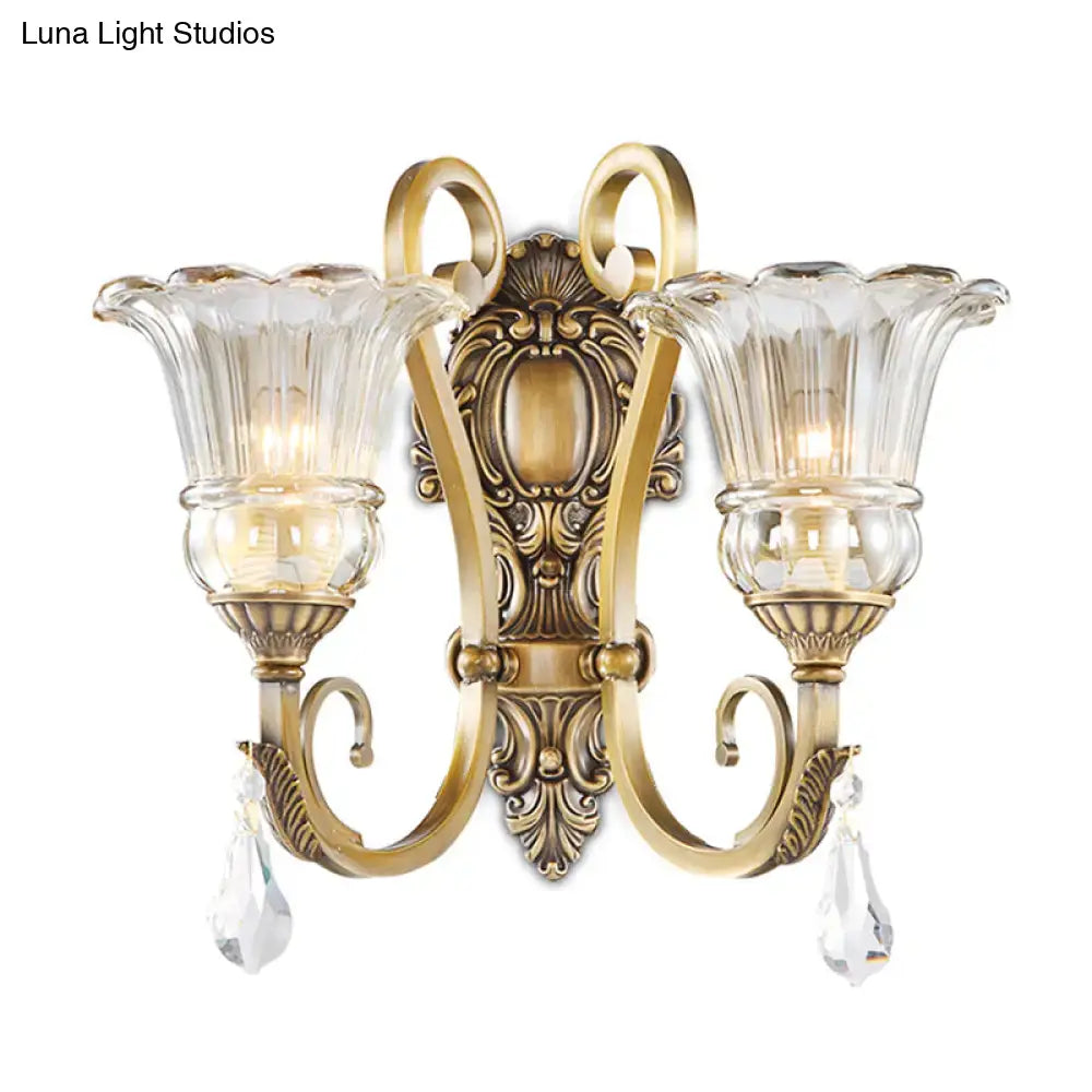 Antique brass crystal drop wall sconce bedroom led light
