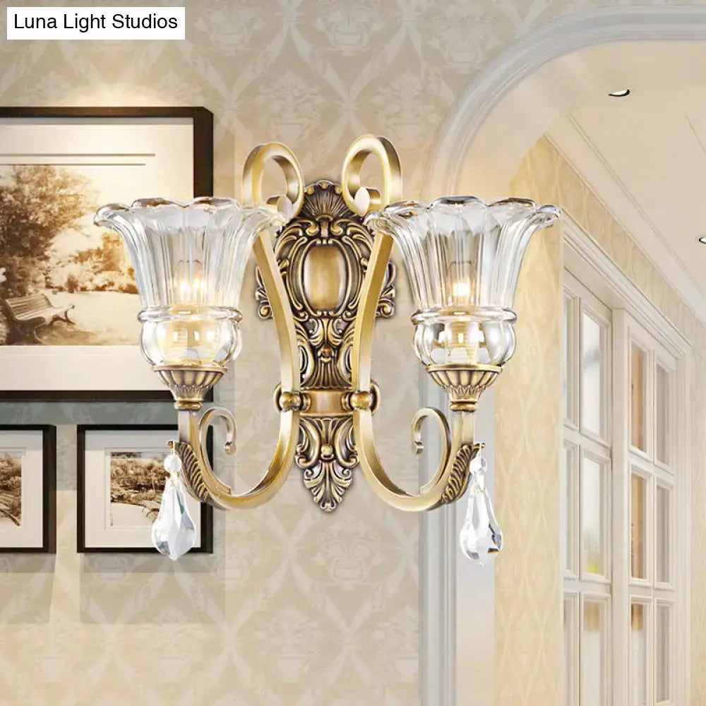 Antique brass crystal drop wall sconce bedroom led light