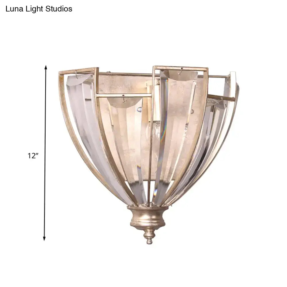 Antique brass curved wall sconce with ribbed glass for bedroom