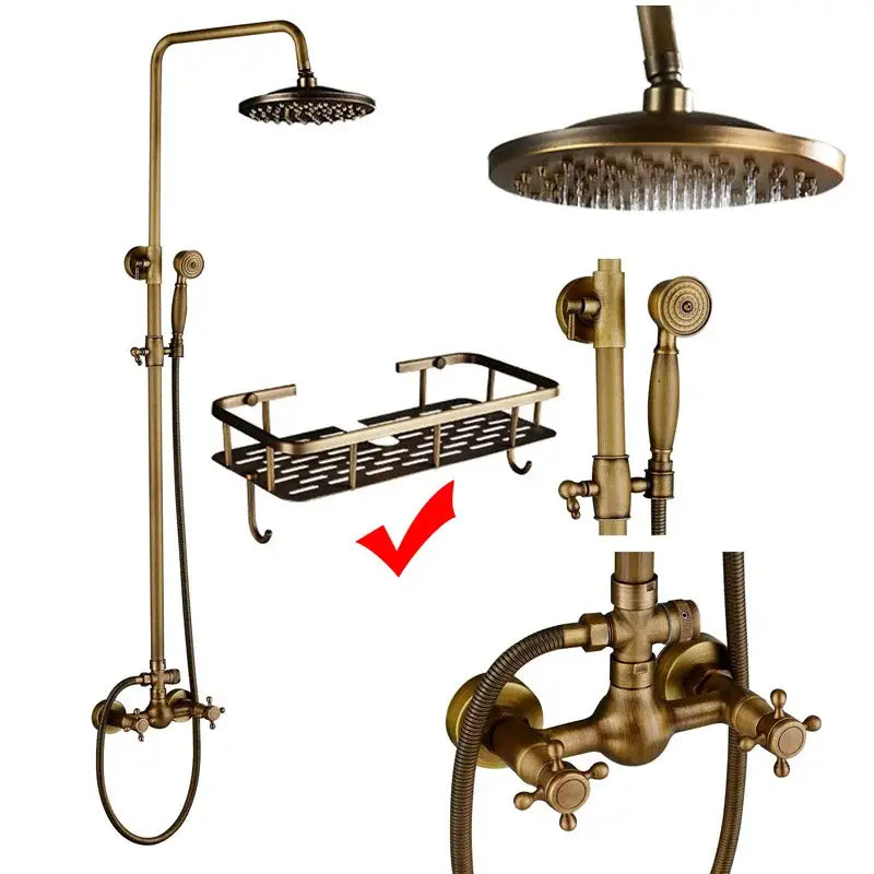 Antique brass dual handle shower faucet set with shelf bathroom