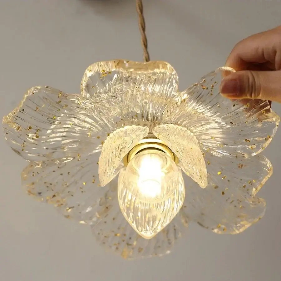 Antique brass flower glass led wall light bedroom sconce with pull chain