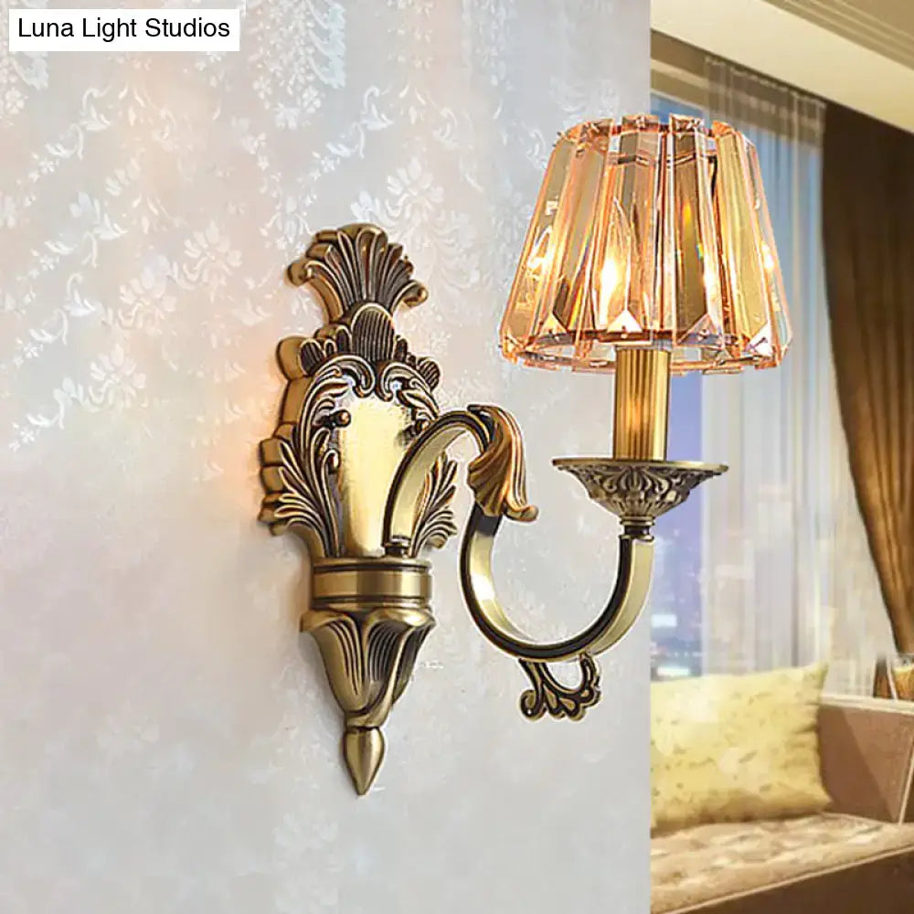 Antique brass wavy arm sconce bedroom wall lamp with crystal shade