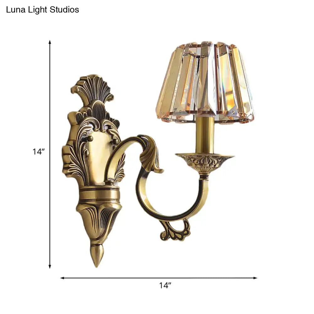 Antique brass wavy arm sconce bedroom wall lamp with crystal shade