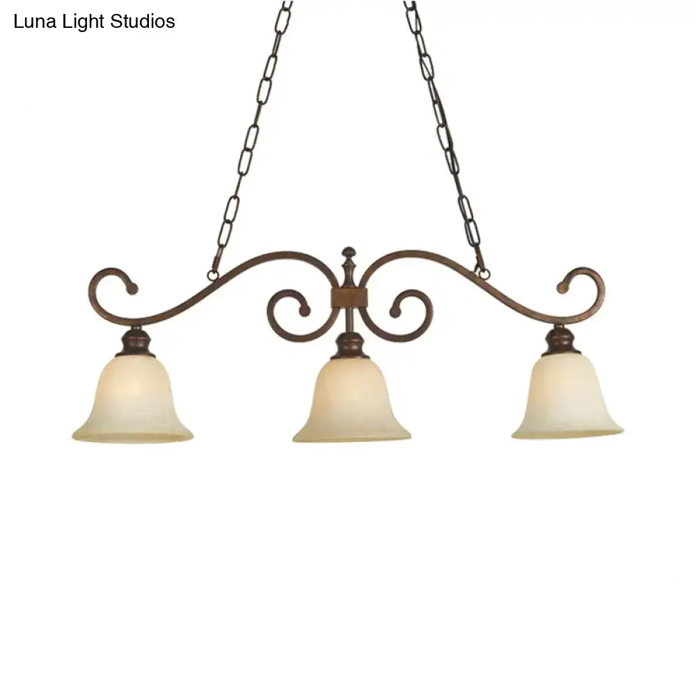 Antique bronze and white glass bell pendant light – dining room