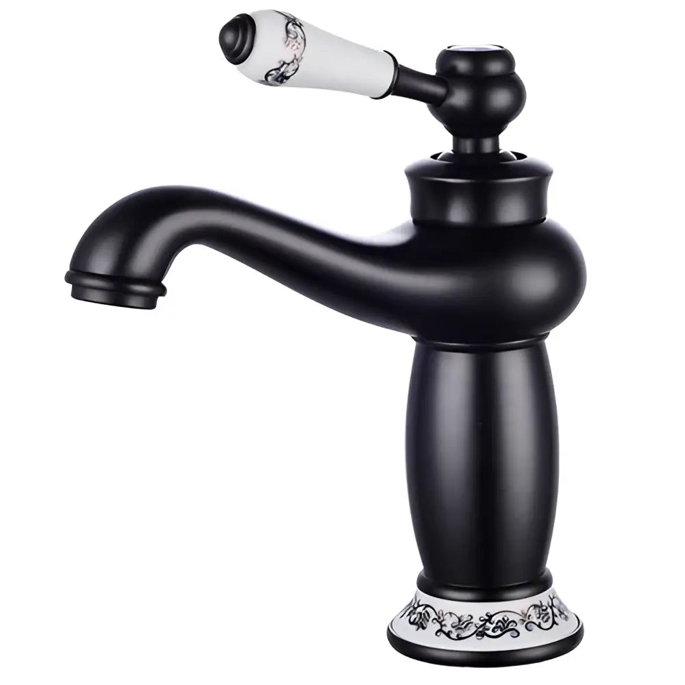 Decorbites antique bronze single handle bathroom faucet with black matte finish and white ceramic handle real shot details