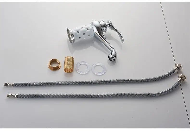 DecorBites™ single handle antique bronze bathroom faucet with chrome finish white ceramic aerator and flexible hoses real shot details