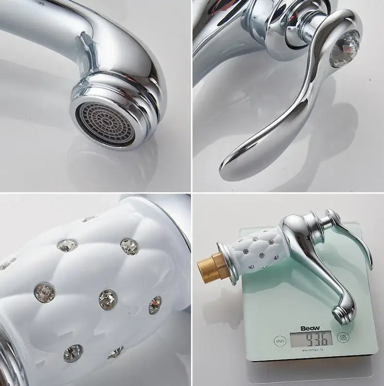 Chrome finished kitchen faucet with white quilted ceramic spout and crystal knob for decorbites antique bronze single handle mixer real shot details