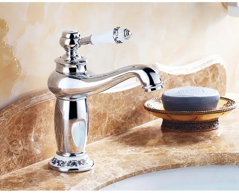 DecorBites™ antique bronze single handle bathroom faucet with chrome finish and white ceramic handle real shot details
