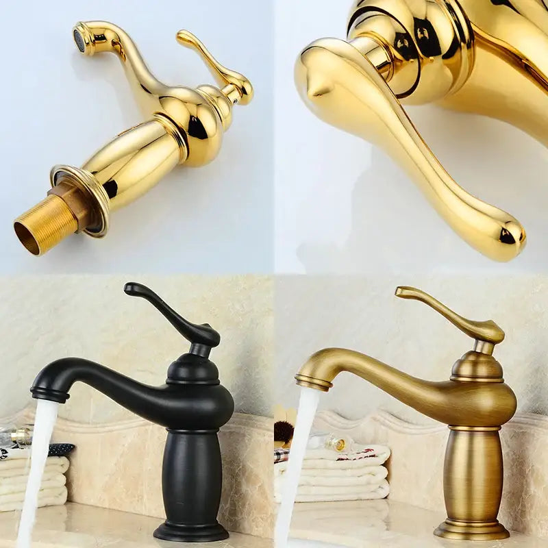 DecorBites™ antique bronze single handle bathroom faucet with gold and black vintage curved spouts real shot details