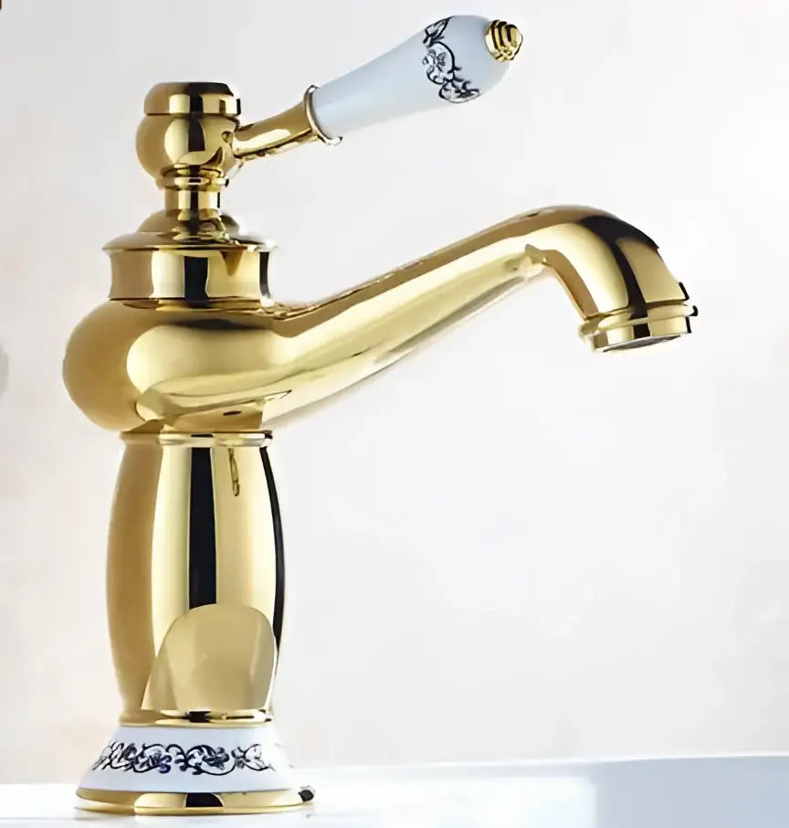 Decorbites™ antique bronze bathroom faucet single handle mixer with gold finish and white ceramic handle blue floral details real shot details