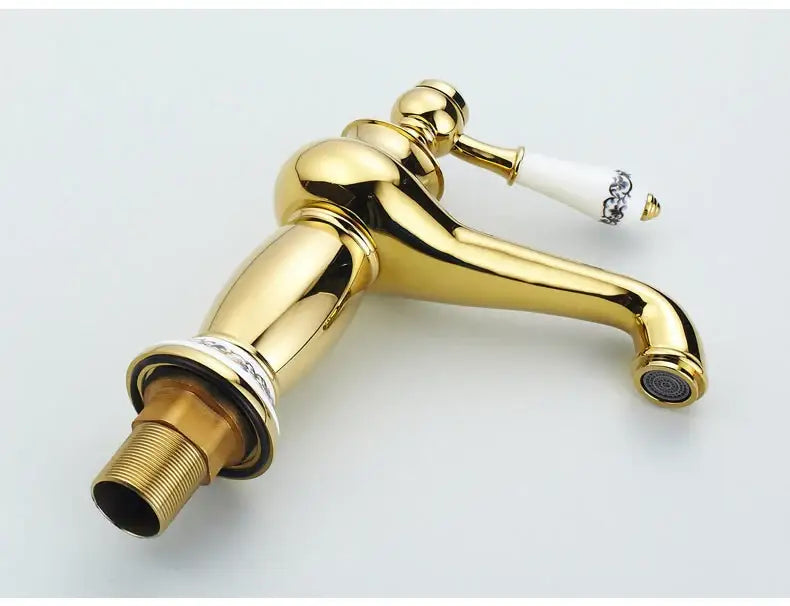 Decorbites antique bronze bathroom faucet single handle mixer with gold finish and white ceramic handle with black patterns real shot details